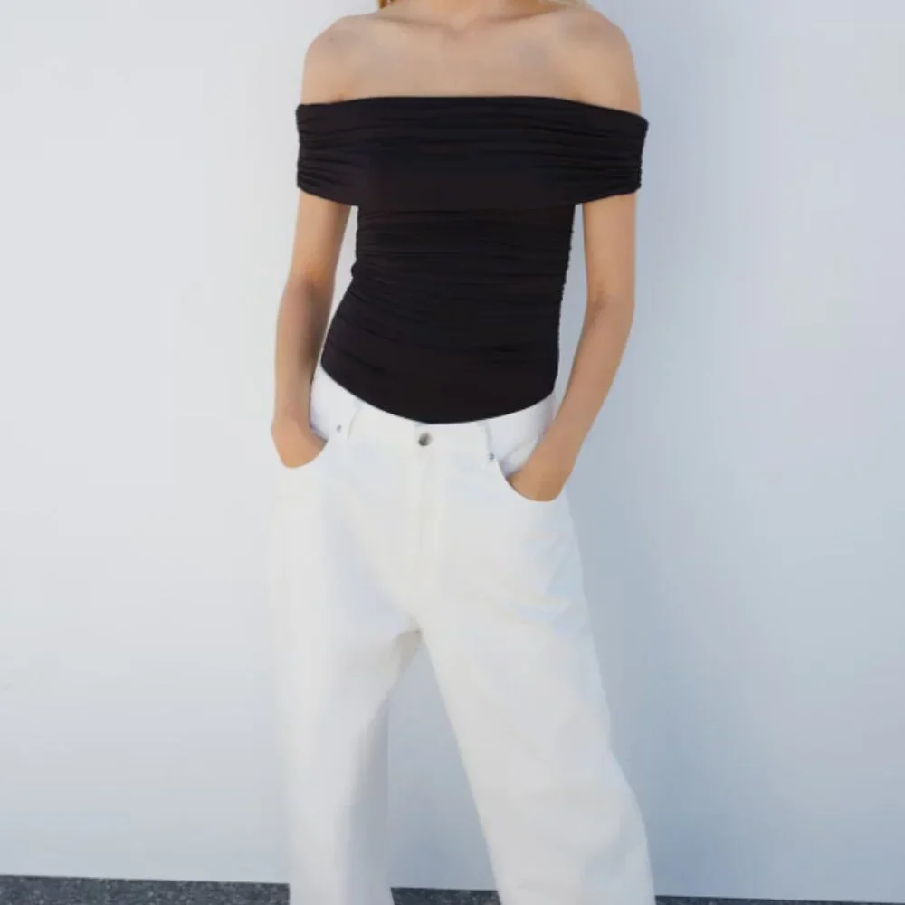 NWOT H&M Gathered Off-the-Shoulder Bodysuit Black Small - Picture 1 of 7